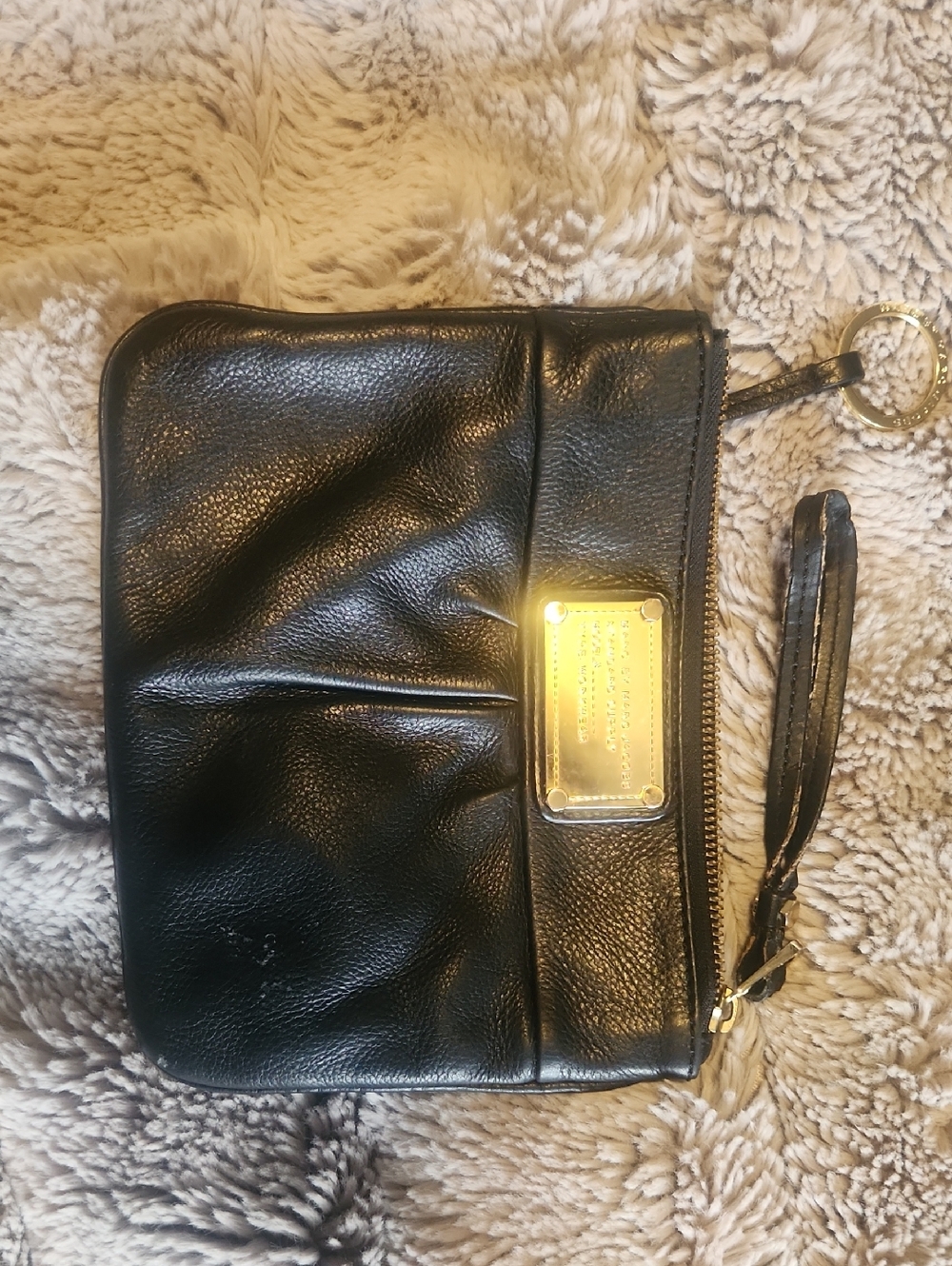 Marc Jacobs Black Leather Wristlet Clutch with Gold Plaque